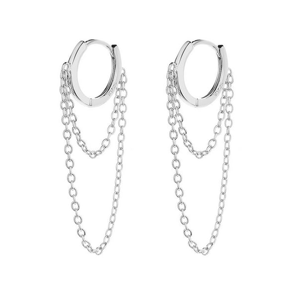 14k White Gold Plated Huggie Hoop Double Chain Earring