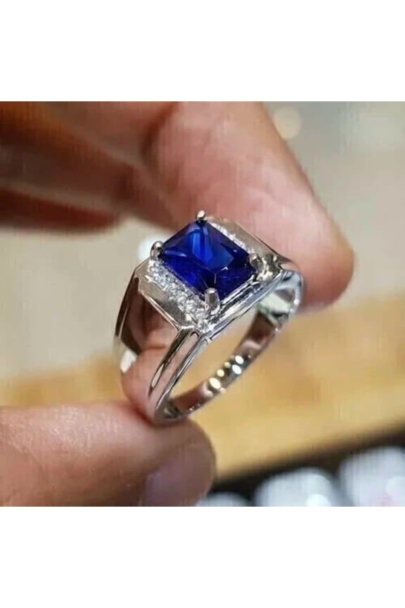 14k White Gold Plated Men's Pinky Ring 2Ct Emerald Cut Lab Created Blue Sapphire