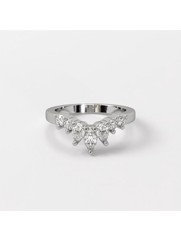 14k White Gold Plated Moissanite Wedding Ring for Women Pear Cut Tiara Crown Teardrop Enhancer Band