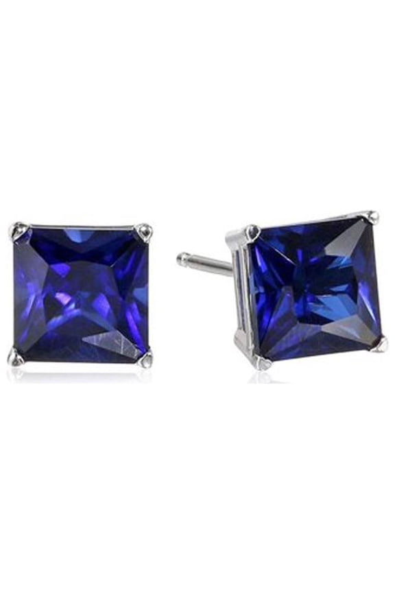 14k White Gold Plated Over Sterling Silver 1/2 Ct Square Cut Created Blue Sapphire Stud Earrings