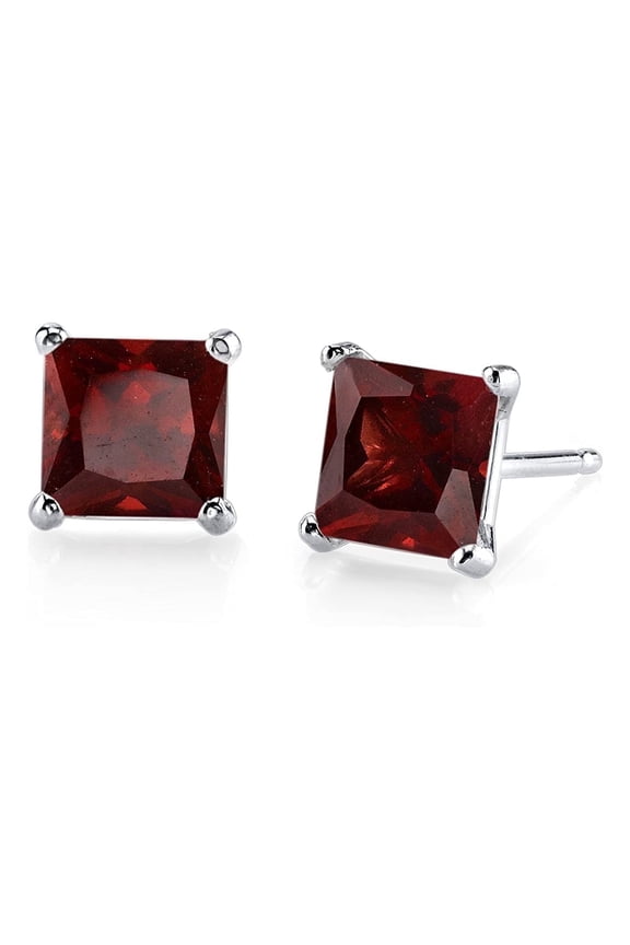14k Sterling Silver 3 Ct Princess Cut Red Garnet Stud Earrings Plated by Paris Jewelry