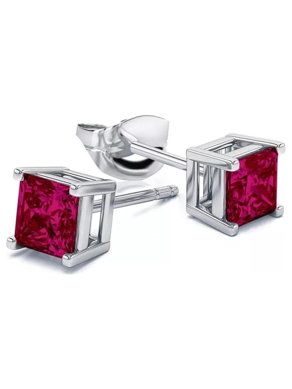 14k Sterling Silver 4 Ct Princess Cut Ruby Stud Earrings, Plated by Paris Jewelry