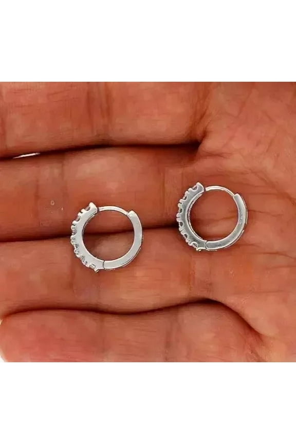 14k White Gold Plated Round Cut Lab Created White Diamond Small Huggie Hoop Earrings Men's Women's