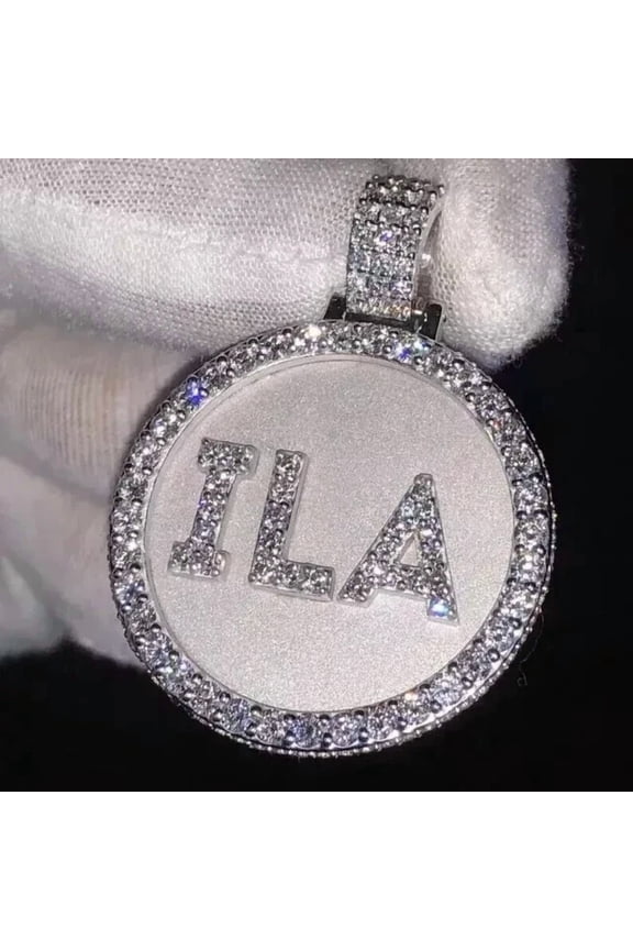 14k White Gold Plated Silver 2TCW Round Cut Lab Created Diamond Customize Name Pendant 2 inch