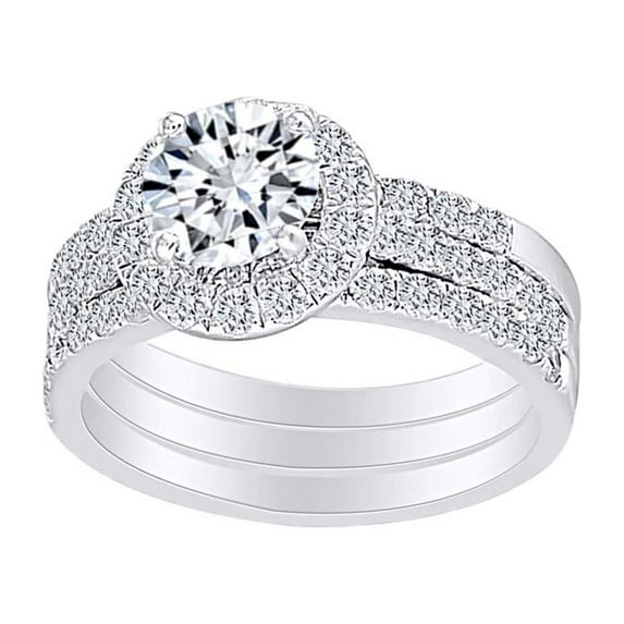 AFFY 14k White Gold Plated Silver Center 1ct 6.5mm G-H-I Color Halo Moissanite Wedding Engagement Rings Set for Women 3 Pieces Ring Size-5.5
