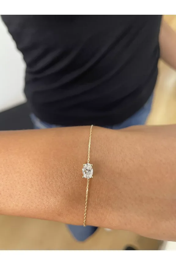 14k White Gold Plated Solitaire Daily Wear For Women Chain Bracelet 2cT Oval cut Lab Created Diamond 925 Sterling Silver 7"