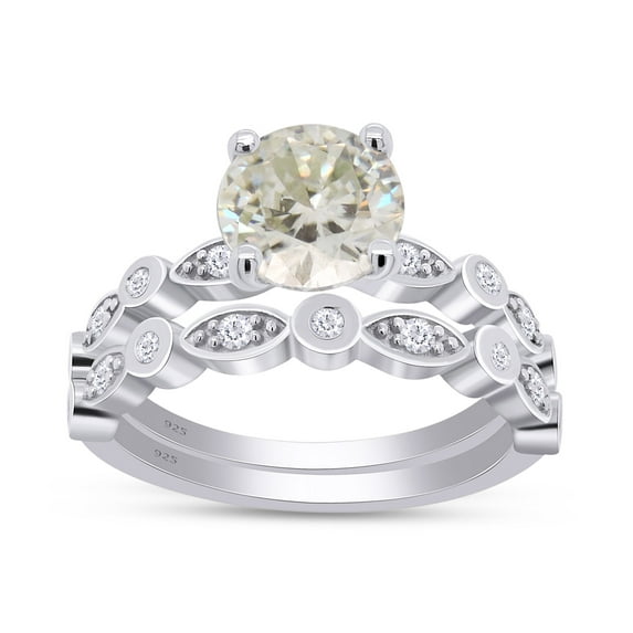AFFY 14k White Gold Plated Sterling Silver Center 1.5ct 7.5mm G-H-I Color Heart Arrows Cut Brownish Moissanite Engagement Wedding Ring Set 2 Pieces Ring Size-9