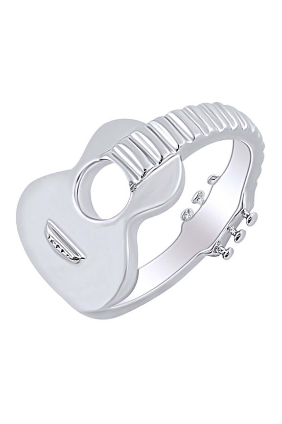 14k White Gold Plated Sterling Silver Music Acoustic Guitar Ring for Mens or womens Ring Size-12