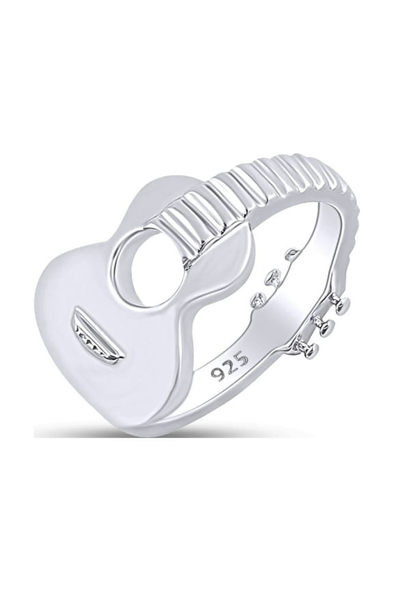 14k White Gold Plated Sterling Silver Music Acoustic Guitar Ring for Mens or womens Ring Size-6