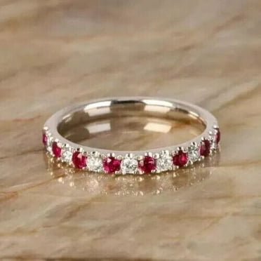 14k White Gold Plated Wedding Half Eternity Band Ring Round Cut Ruby & Diamond