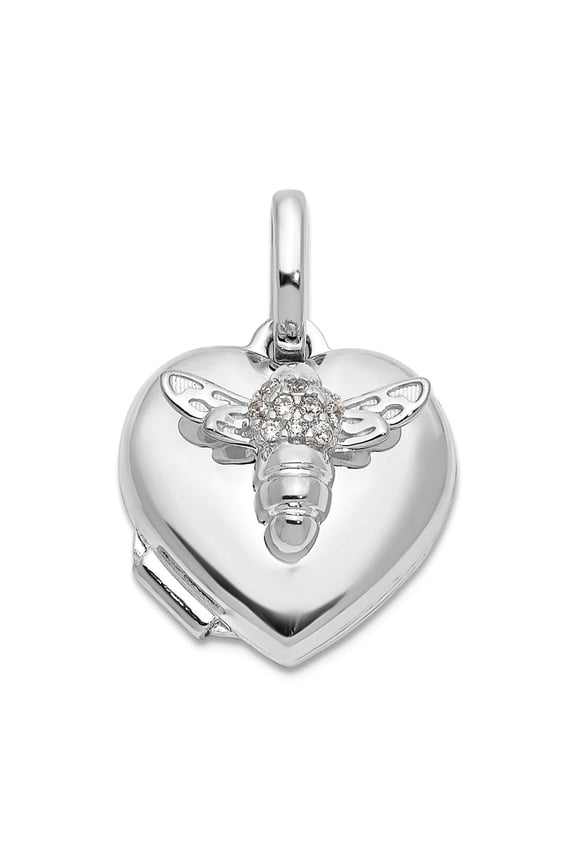 14k White Gold Polished Cubic Zirconia Bee Love Heart 12mm Locket Locket Necklace for Women