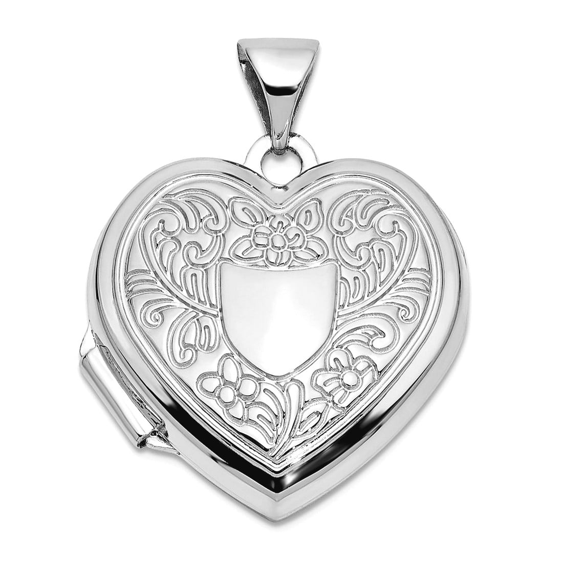 14k White Gold Polished Fancy Floral Border and Crest 18mm Love Heart ...