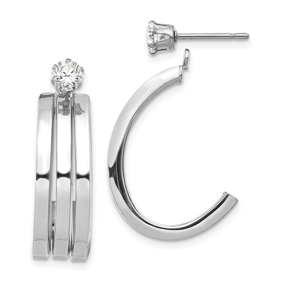 14k White Gold Polished J Hoop with 4mm CZ Stud Earring Jackets