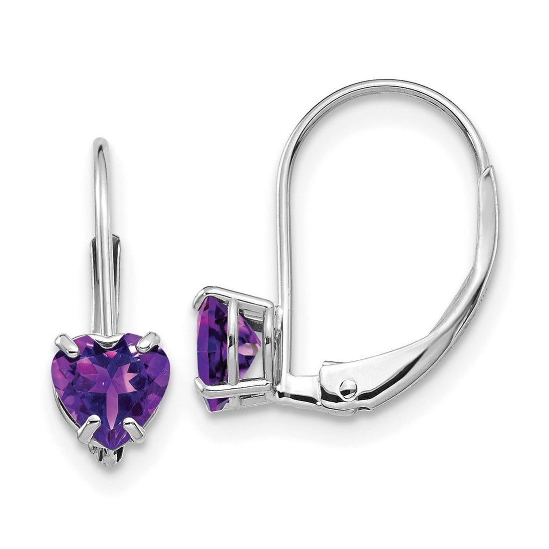 JEWELRYWEB 14k White Gold Polished Leverback 5mm Love Heart Amethyst Earrings 17x5mm Wide - Earring for Women