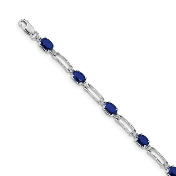 14k White Gold Polished Lobster Claw Closure With Diamond and Sapphire Gemstone Bracelet