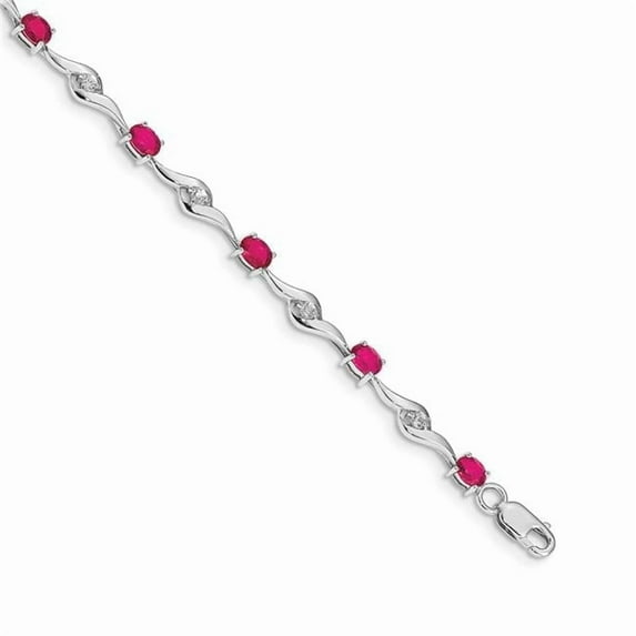 14k White Gold Polished Lobster Claw Closure With White Sapphire and Ruby Gemstone Bracelet
