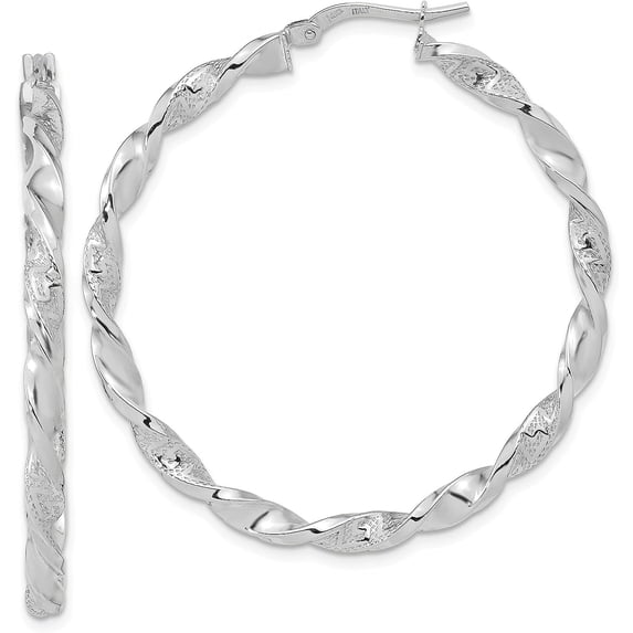 14k White Gold Polished and Textured Twisted Hoop Earrings - 3.2gm
