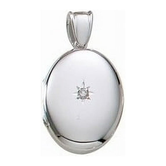 14k White Gold Premium Weight Oval Picture Locket with Genuine Diamond 3/4 Inch X 1 Inch in Solid 14K White Gold