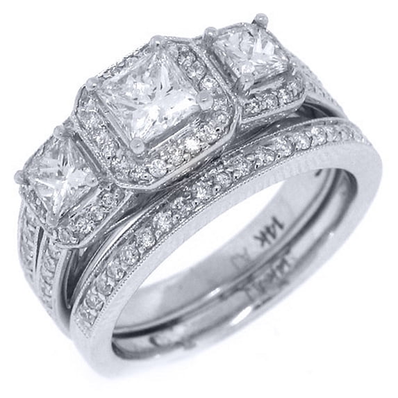 14k White Gold Princess 3-Stone Diamond Engagement Ring Bridal Set 2.05 Carats