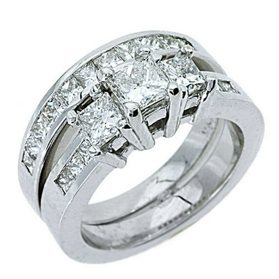 14k White Gold Princess 3-Stone Diamond Engagement Ring Bridal Set 2.30 Carats