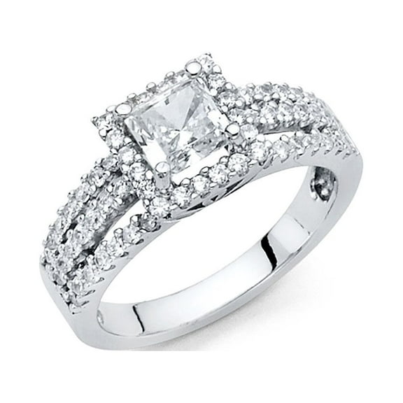 14k White Gold Princess CZ Halo Engagement Ring Anniversary Square Halo CZ Band Side Stones, Size 7