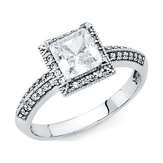 14k White Gold Princess CZ Halo Engagement Ring Vintage Style Anniversary CZ Band Side Stones Size 5.5