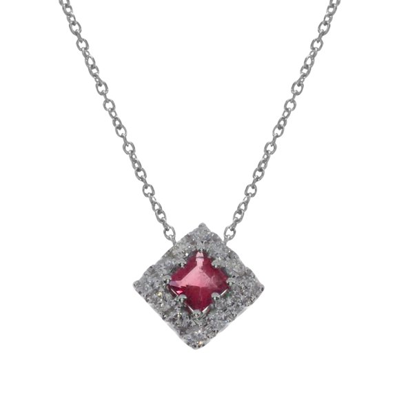 14k White Gold Princess Ruby Pendant and 18" Chain