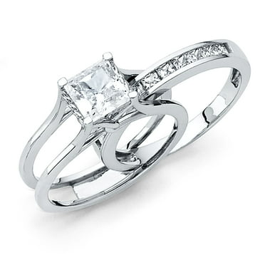14k White Gold Princess Solitaire CZ Engagement Ring & Wedding Band Bridal Rings Set Side Stone Size 7
