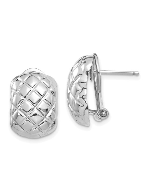 14k White Gold Quilted Half Hoop Earrings for Women, High Polish Omega Back Fashion Jewelry, Classic Elegant Style for Daily Wear or Special Events