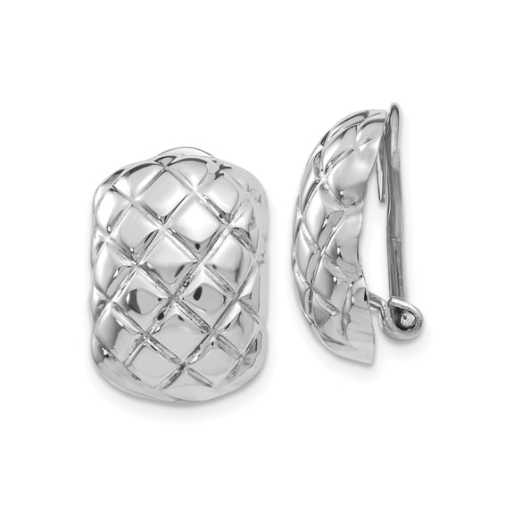 14k White Gold Quilted Dome Hoop Earrings, Non-Pierced Clip Back for Women