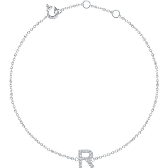 14k White Gold R Polished .06 Dwt Diamond 6-7 Inch Initial Bracelet
