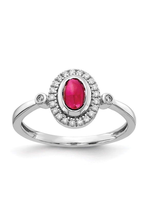 14k White Gold Ring Gemstone Womens Ruby 0.116 ct 0.69 Diamond and Oval Cabochon Halo