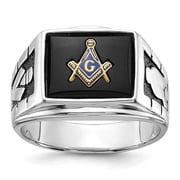 14k White Gold Ring Mens Onyx Mens Polished and Textured with Black Enamel Masonic