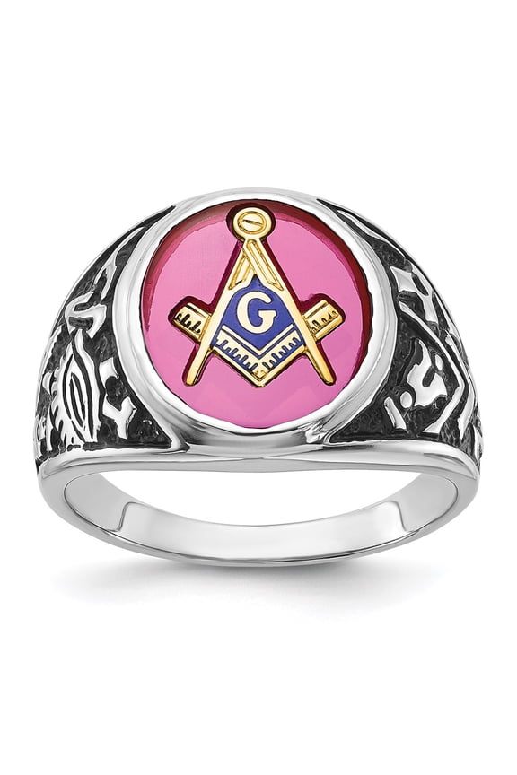 14k White Gold Ring Mens Ruby Men's Polished, Antiqued and Textured with Lab Created Masonic