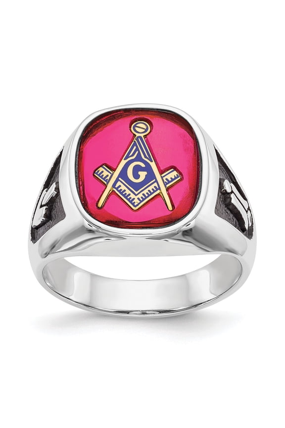 14k White Gold Ring Mens Ruby Men's Polished and Textured with Black Enamel Lab Created Masonic