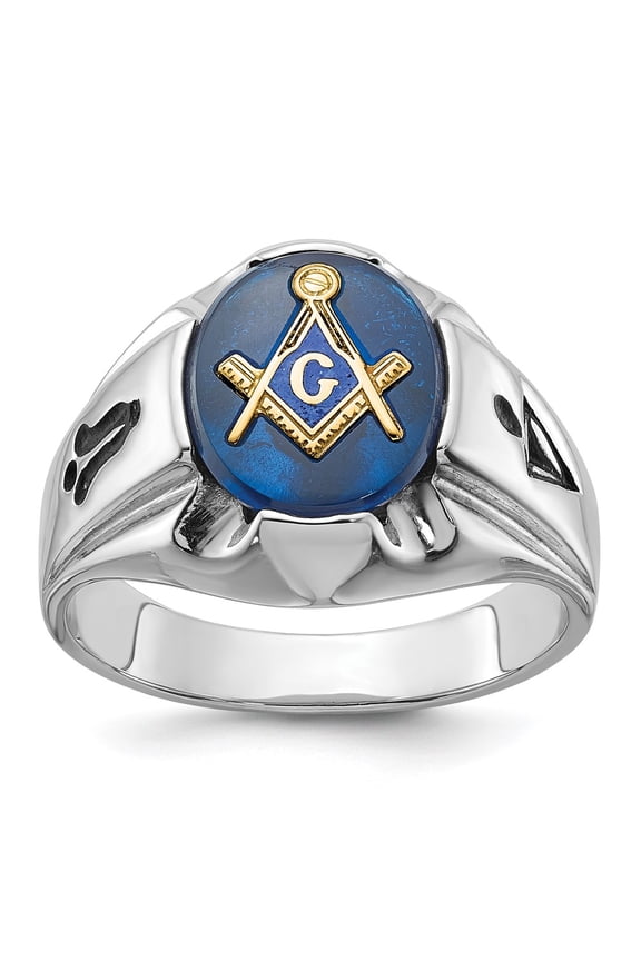 14k White Gold Ring Mens Spinel Men's Polished, Antiqued and Grooved with Imitation Blue Masonic
