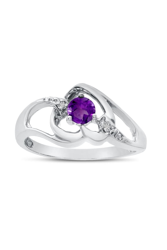 14k White Gold Round Amethyst And Diamond Heart Ring