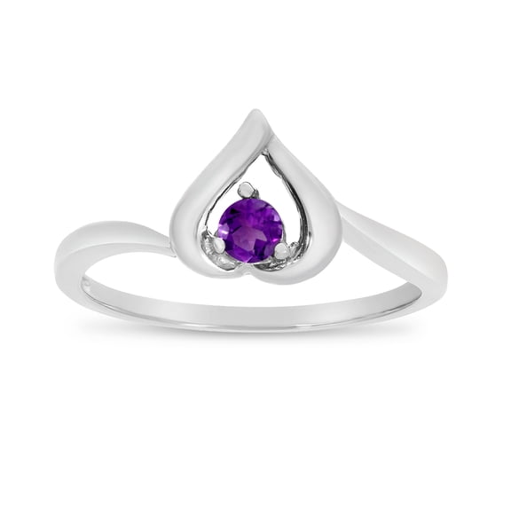 14k White Gold Round Amethyst Heart Ring