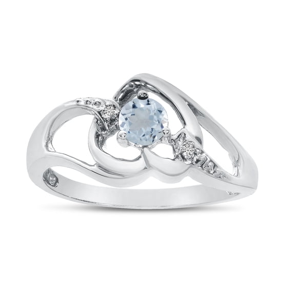 14k White Gold Round Aquamarine And Diamond Heart Ring
