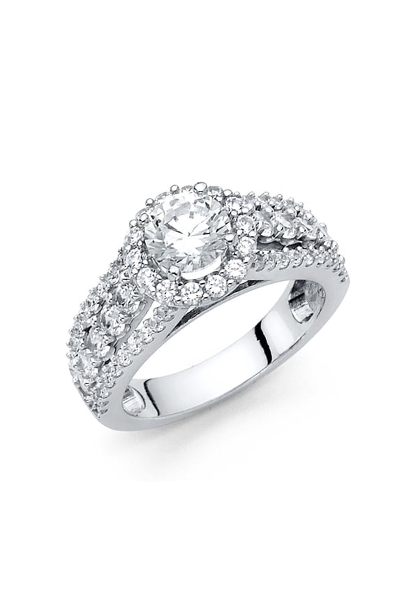 14k White Gold Round CZ Halo Engagement Ring Anniversary Solitaire CZ Bridal Band Side Stones, Size 5