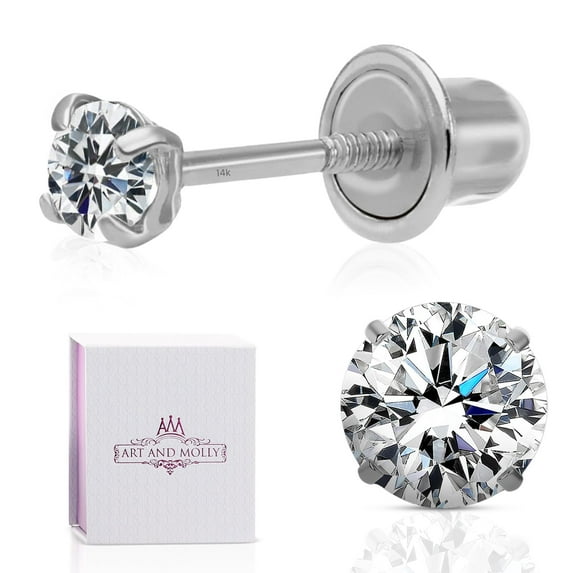 14k White Gold Solitaire Small Round Cubic Zirconia Tiny CZ Studs in Secure Screw-backs Solid 14-Karat Gold CZ Earrings for Women 2.5mm