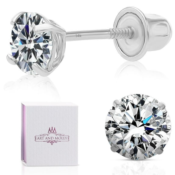 14k White Gold Solitaire Round Cubic Zirconia Stud Earrings Basket-set CZ with Screw On Secure Screw-backs 4mm
