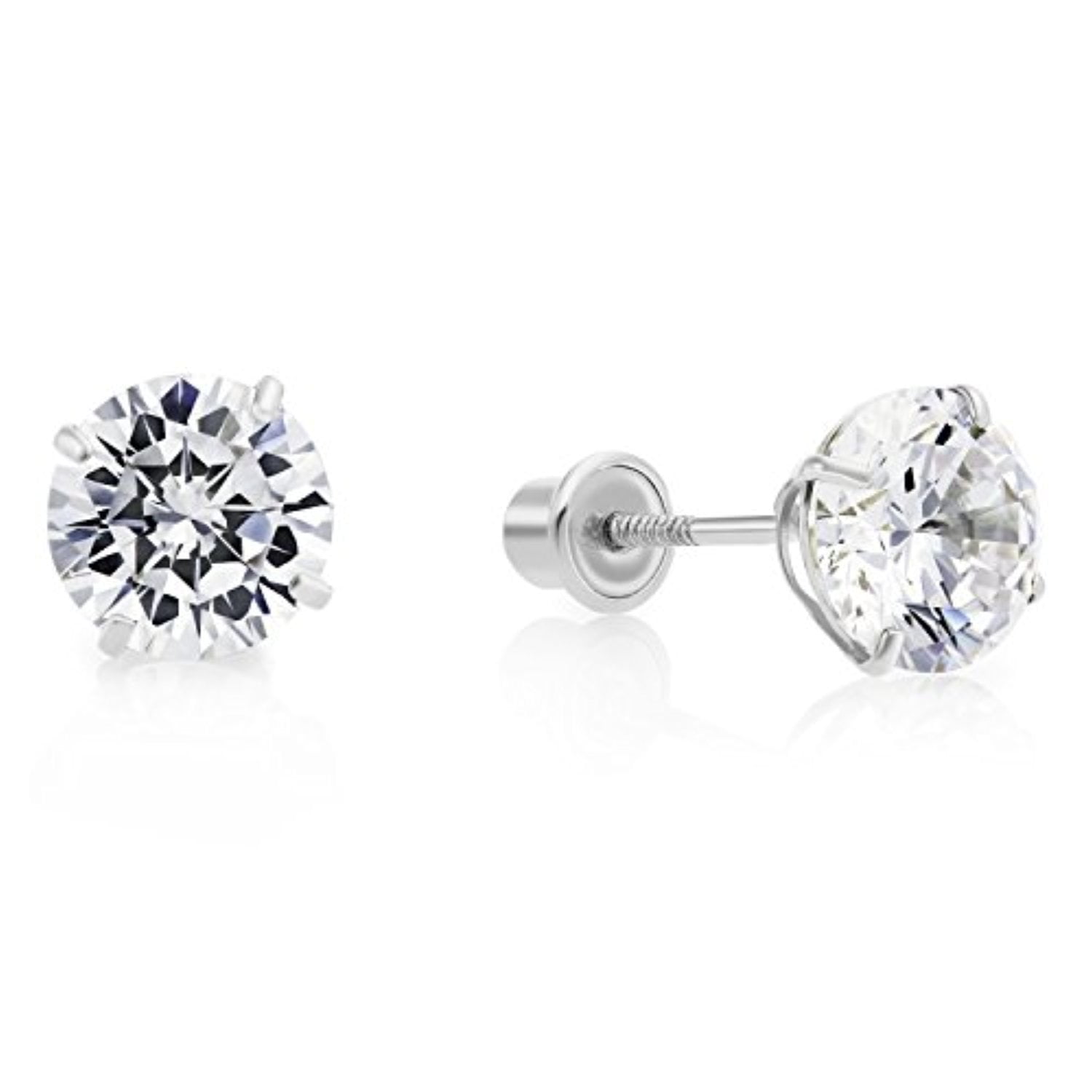 14k White Gold Round Cubic Zirconia Stud Screw Back Earrings