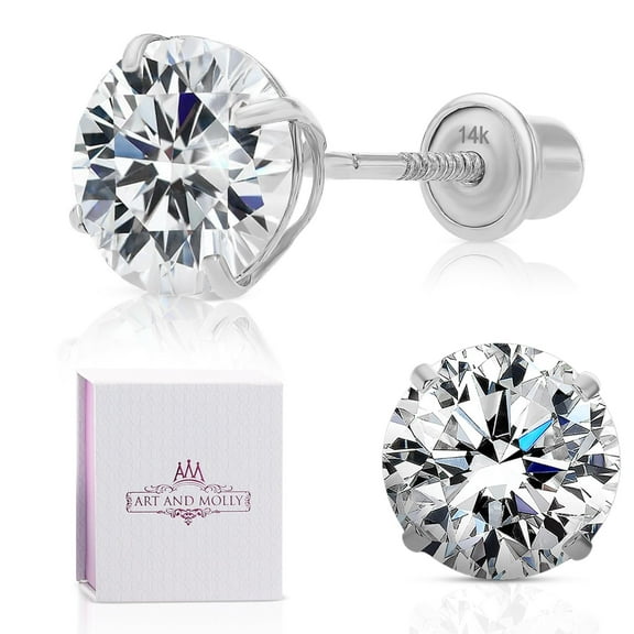 14k White Gold Solitaire Round Cubic Zirconia Studs in Secure Screw-backs  Solid 14-Karat Gold CZ Earrings, 5mm