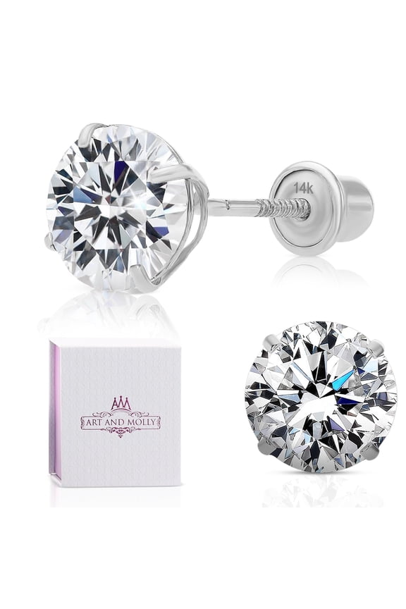 14k White Gold Solitaire Round Cubic Zirconia Studs in Secure Screw-backs  Solid 14-Karat Gold CZ Earrings, 5mm