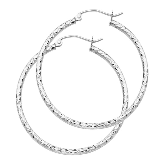 14k White Gold Round Diamond Cut Hoop Earrings Genuine Polished Finish French Lock 33mm x 1.5mm