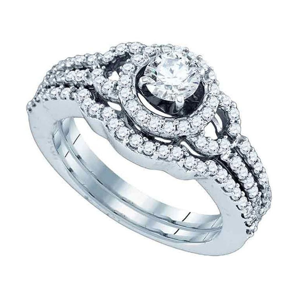 14k White Gold Round Diamond Halo Bridal Wedding Ring Set 1 Cttw ...