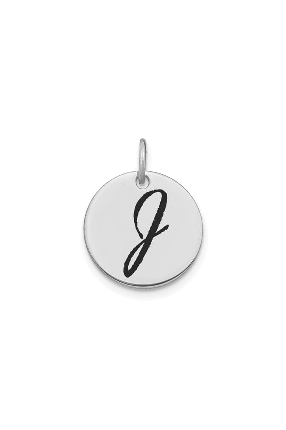 14k White Gold Round Initial J Pendant for Women or Unisex, Script Monogram Charm Necklace, Enamel Custom Identity Jewelry, Modern Minimalist Style
