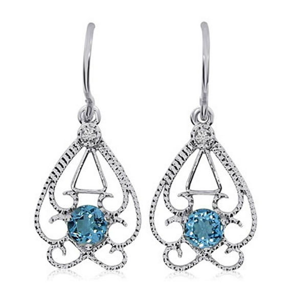 14k White Gold Round Open Filigree Blue Topaz And Diamond Earring