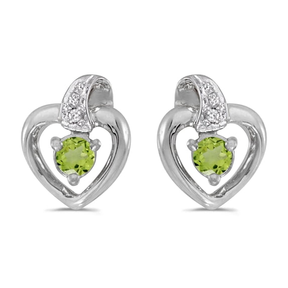 14k White Gold Round Peridot And Diamond Heart Earrings
